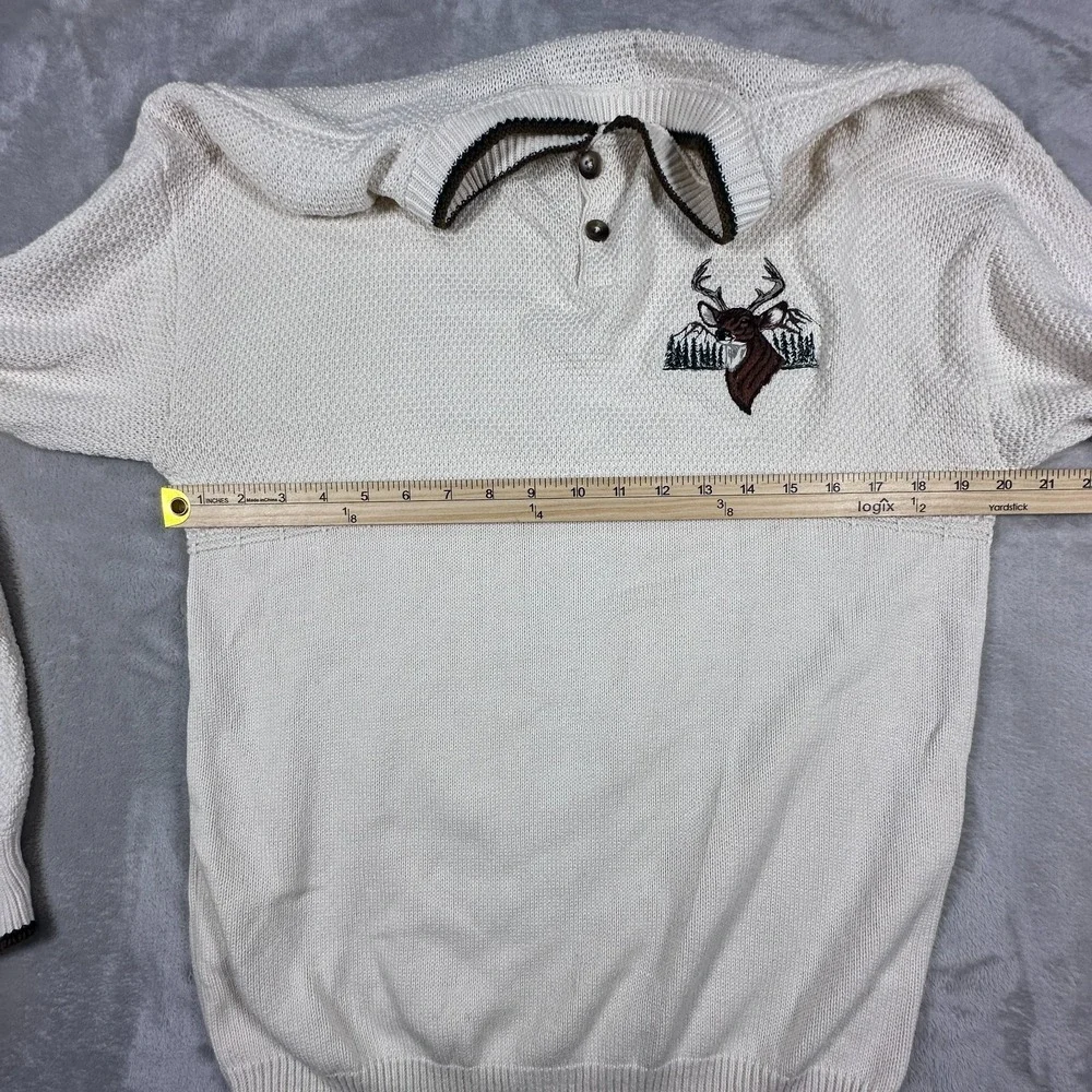 Cedar Falls Henley Sweater Mens Size Medium Ivory Knit Embroidered Deer Wildlife
